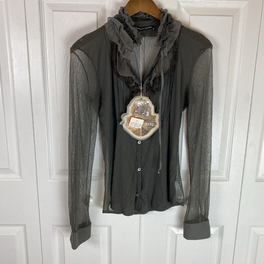Roberta Scarpa 12 Button Down Shirt Blouse Ruffle Neck Mesh Boho Camicia Jersey